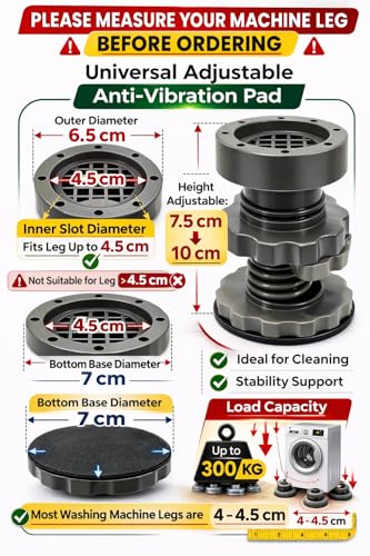 Image of Heavy Duty Adjustable Anti-Vibration Pads for Washing Machine & Refrigerator - Shock Absorbing Feet & Noise Cancellation Stand - Height Extension Leg for Easy Cleaning (Set of 4, Grey)