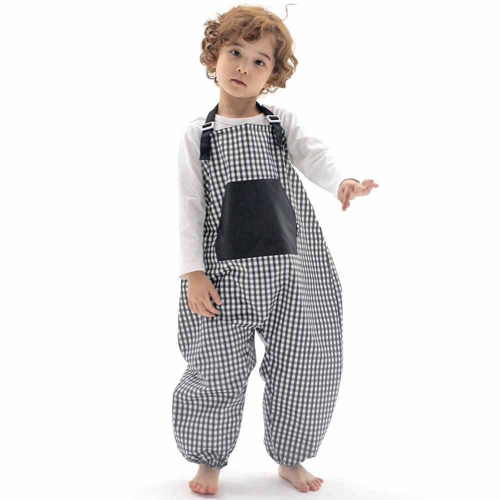 Kids Art Smock Dungaree Style, Lightweight Waterproof Painting Apron with Adjustable String, Quick-Dry Messy Play Overall for Boys Girls School Crafts, Black Check (36-S)