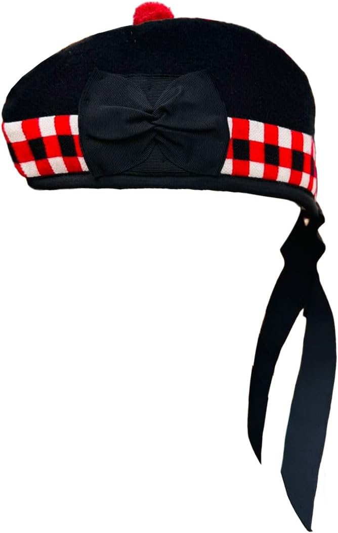 New Glengarry Diced Black Wool Scottish Bagpipe/Kilt Hat (Diced Black Glengarry57cm (7 1/8))