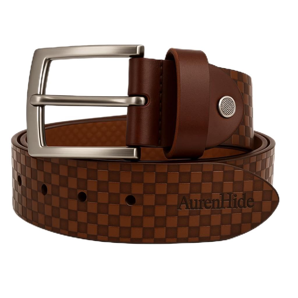 aurenhide Genuine Leather Belt for Men - A British Brand - Crafted in India - 40mm Width - Formal and Casual Wear - Brown Checkered Pattern - Fits 28-46 Inch Waist - ZCB-203-picture-42