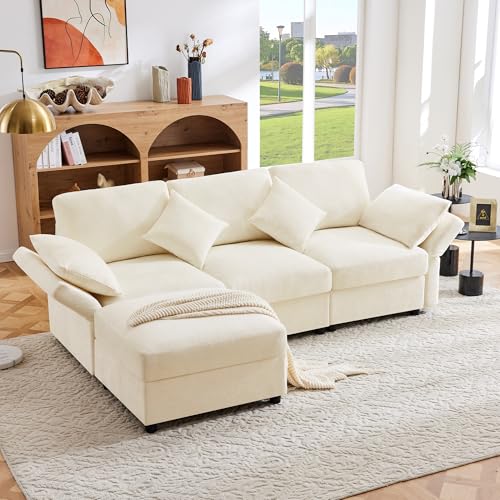 Sofá esquinero de 3 plazas en forma de L, 218 x 156,5 x 86 cm (ancho x profundidad x alto), con reposabrazos ajustables y reposapiés, tela chenilla, sofá cama con 4 cojines sofá esquinero para salón