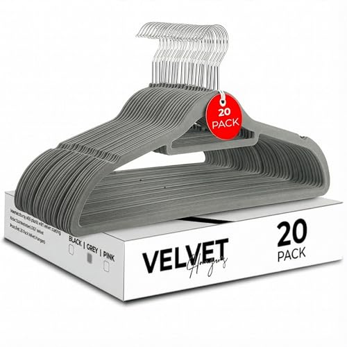 Roe Tenpo Coat Hangers 20 Pack Grey | Velvet Hangers for Clothes with Tie Bar & 360 Hook | Durable & Sturdy | Non-Slip Space-Saving Design for Shirts Jackets Trousers & More (Soft Grey 20)