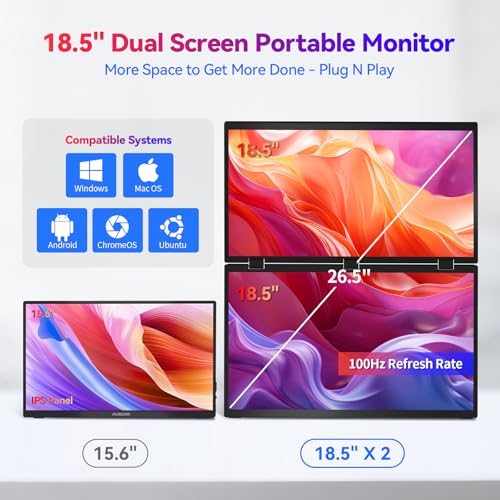 Image of AUSDOM 18.5 inch Stacked Dual Portable Monitor for Laptop, 100Hz 1080P Foldable Screen Extender, 360 Folding Double External Display with Stand & VESA, USB-C, mini-HDMI, Travel Monitor for Win /Mac, Black