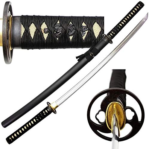 MAKOTO Handmade Sharp Katana Black Samurai Sword 40", Demon Eye Round Tsuba