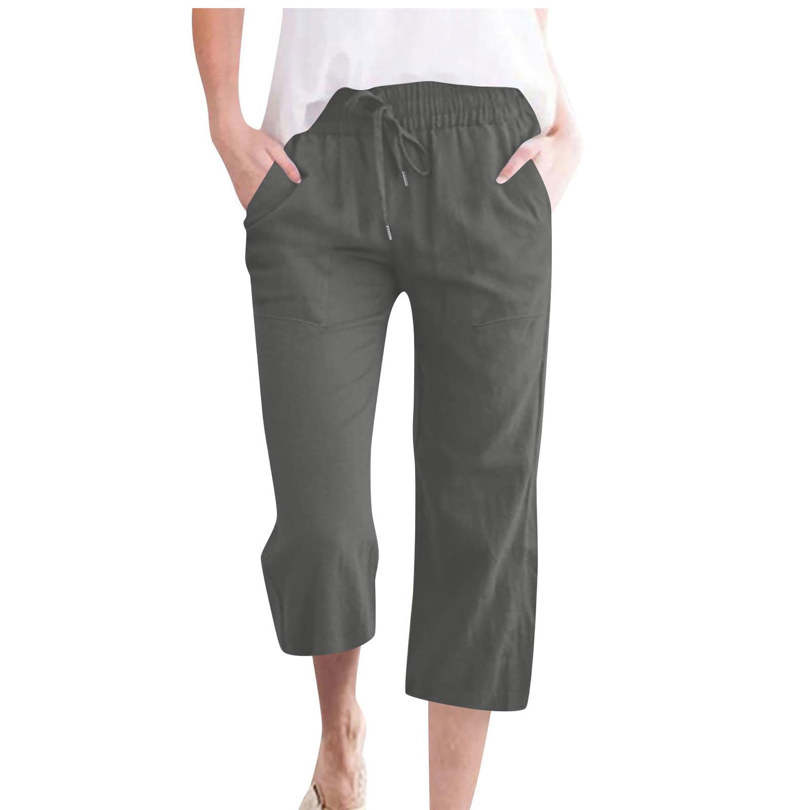 Leinenhose Damen Sommer 3/4,Baumwolle Leinen Stoffhose Leicht Atmungsaktiv Yogahose Einfarbig Lässig Caprihose Weites Bein Hosen mit Taschen Elastische Bequeme Sommerhose Weich Sporthose für Frauen