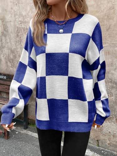 Image of SHENHE Women's Checkered Color Block Oversized Sweater Plaid Crew Neck Drop Shoulder Pullovers