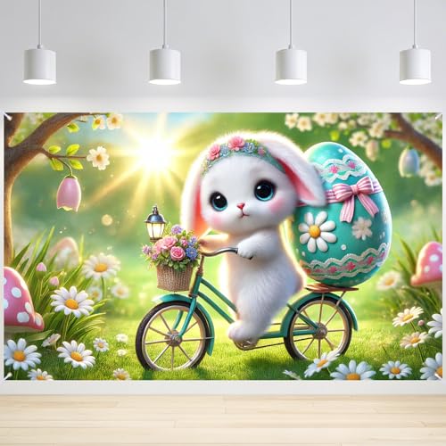 Image of Nuxovilar Easter Bunny Banner 43x71in Polyester | Spring Backdrop, Yard Banner, Easter Bunny Decor, Backyard Event Outdoor Sign (Bunny Banner)