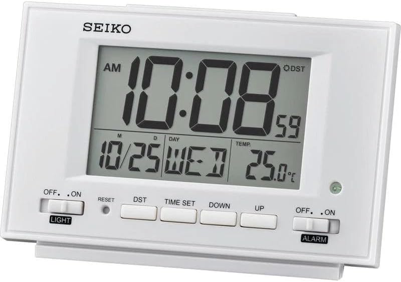 SEIKO Elegant Rectangular White Plastic Beep Alarm Digital Table Clock with Calendar, Thermometer, DST, Snooze (Size: 13.2 x 4.5 x 9 CM | Weight: 165 Gram)