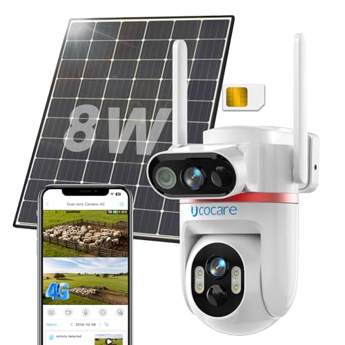 UCOCARE Camara Vigilancia Exterior Solar, 4MP Doble Lente Camara Vigilancia SIM, 360° Camara 4G Solar 8W & Batería 15800mAh, Visión Nocturna Color, Seguimiento Automático, Detección Movimiento, IP66