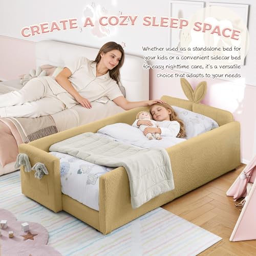 Image of Twin Size Bed Frame for Kids, Upholstered Daybed Frame Floor Bed with Safety Rails and Storage Pocket Cute Rabbit Ear Shaped Headboard for Kids Teens Boys Girls, Yellow