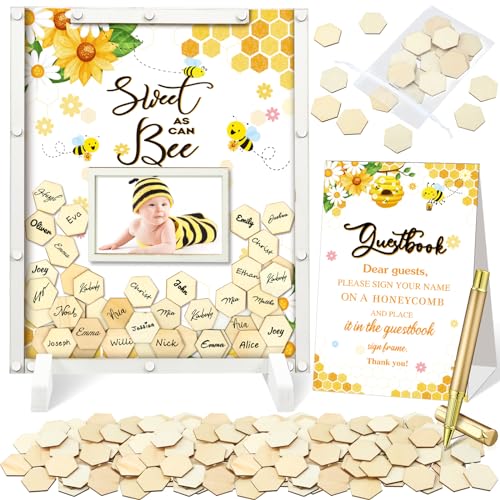 Image of 65 Pcs Sweet As Can Bee Baby Shower Decorations Bee Baby Shower Guest Book Alternatives He or She Gender Reveal Decorations Sign in Guest Book with Picture Frame and 60 Wooden Chip Decors