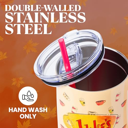 Image of Silver Buffalo Gilmore Girls Luke's Diner Double Walled Stainless Steel Tumbler with Handle and Straw, Fits in Standard Cup Holder, 40 Ounces