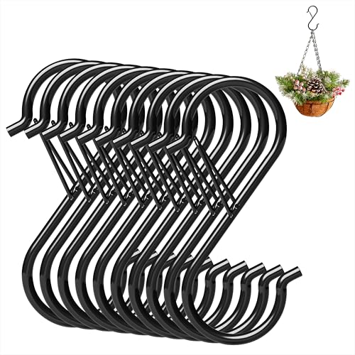 Qzakce Haczyki w kształcie litery S, 10 sztuk, z klamrą zabezpieczającą, 9 cm, metalowe haki do drążka na ubrania, kuchni, przyborów, warsztatu, łazienki, ogrodu, sypialni, na zewnątrz, czarne