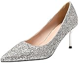  BIGTREE Damen Spitze Zehen High Heels Silber Kleid Pumps Glänzend Pailletten Stiletto Slip On 40 EU