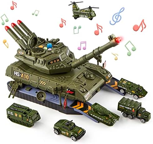 WNSULL Tank Toys for Boys,Army Toys Tank with 6 Alloy Die-Cast Army Vehicles,Military Toy Tank with Light, Sound and Missiles Shooting,Birthday Gift for 3 4 5 6 7 8 Year Old Kids