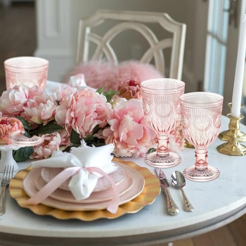 Pink 48 Pack Vintage Wine Glasses, Plastic Reusable 12 Ounce Colored Water Goblets, Unique Flower Embossed Pattern Unbreakable Stemmed Wine Glasses High Clear Wedding Party Bar Drinking Cups by XKXKKE - Image 4