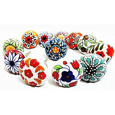 JGARTS 12 x Mix Vintage Look Flower Ceramic Knobs Door Handle Cabinet Drawer Cupboard Pull (12 Flat) Cover