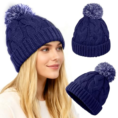 WDAIYEK Slouchy Chunky Knit Beanie with Pom Pom - Cozy Winter Bobble Hat for Women and Men Dark Blue