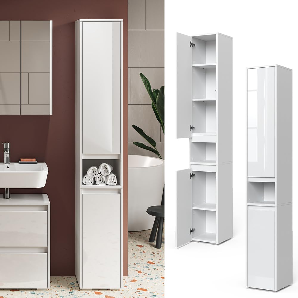 Vicco Meuble Salle de Bain Majest, Blanc Haute Brillance, 30.2x191.5cm | avec portes et compartiment ouvert, pour le rangement avec six étagères réglables