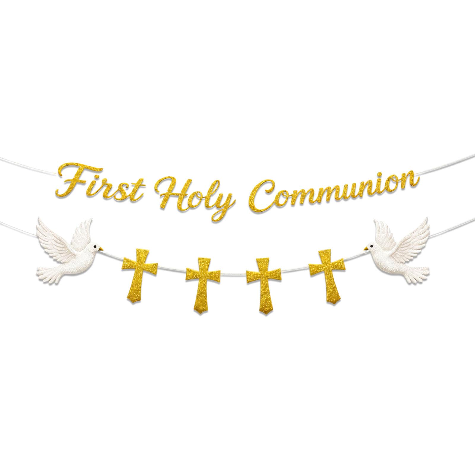 1 Pcs Holy Communion Banner, First Holy Communion Decorations for Boys Girls, Glitter Garland for Party, Christening Baptism Religious Party Decoration Gold Glitter