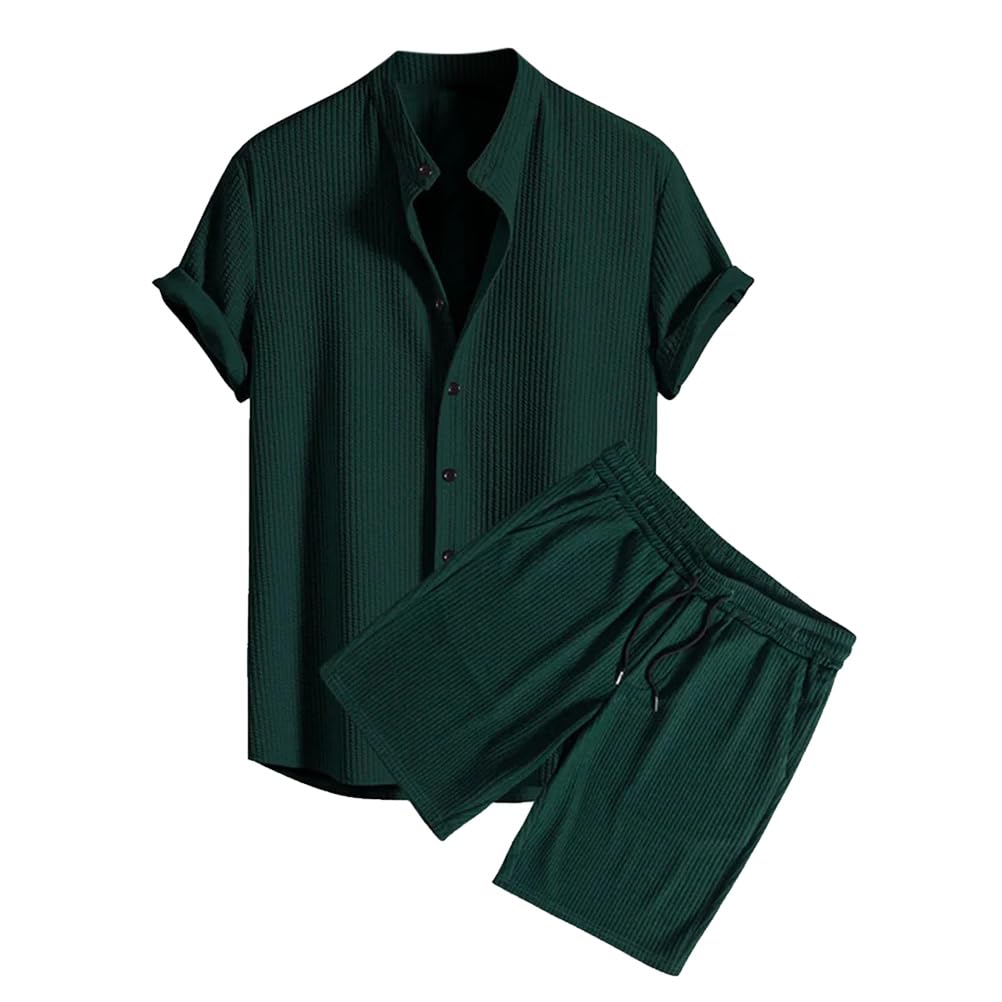 Tuta da Uomo Tinta Unita Camicia a Bottone + Pantaloncini 2 Pezzi con Tasche Abbigliamento Spiagge a Maniche Corte Tempo Libero e Sportivo Tuta Classico Estiva Sets