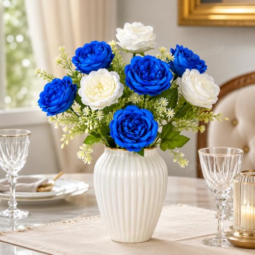 Image of Divyakosh Artificial Flowers Bunch (Vase Not Included). Artificial Flower for Vase, 5 Royal Blue & 5 Cream White Peony Bouquet, Artificial Flower for Living Room Office Dining Table