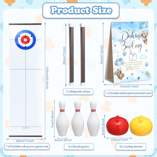 Capoda juegos de curling y bolos de mesa set para baby shower incluye 8 curling, 6 bolos, 1 tapete, 2 tiras magnéticas para decoración interior miniatura 2