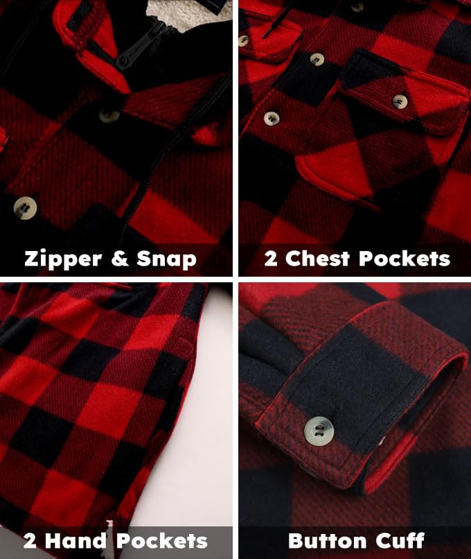Image of TanBridge Men's Cotton Plaid Shirts Jacket Full Zip Fleece Flannel Sherpa Lined Hoodies Heavyweight Hoodies Jacket for Men
