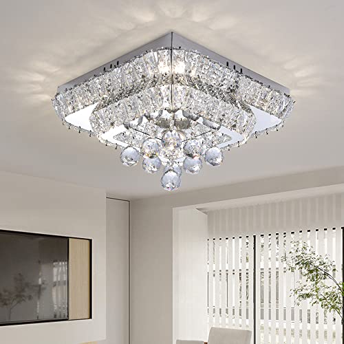 Redstar 16" Bright Led Chandelier Flush Mount With Remote Control, Any Warm/Natural/White Color Temp & Brightness Adjustable, Modern Crystal Ceiling Light For Bedroom Dinning And Living Rooms #TOP3