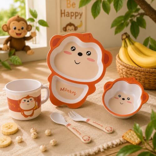 Image of Bamboo Kids Feeding Set of 5 |Kids Crockery Set Tableware |Baby Utensils and Dishes Set | Eco-Friendly |Organic & Natural (Mischievous Monkey)