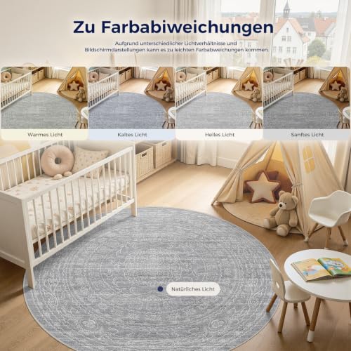 DMOYEST Teppich Rund 150 cm Grau Vintage Waschbar – Ansicht 5