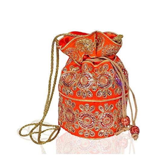 Purpledip Bolsa Potli (Embrague, monedero con cordón) para mujeres con hilo dorado intrincado y bordado de lentejuelas, Orange, Talla única