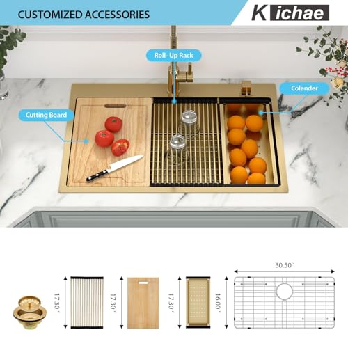 Image of 33 Gold Drop In Kitchen Sink - Kichae 33x22 Gold Brushed Stainless Steel Drop Sink 16 Gauge Ledge Workstation Single Bowl Topmount Overmount Handmade Basin with Cutting Board