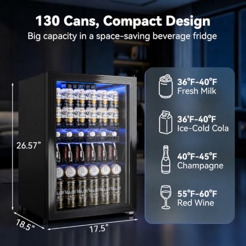 Image of Manastin Beverage Refrigerator Cooler Freestanding Mini Fridge Cooler with Glass Door, Adjustable Shelves & Digital Temperature Display for Soda, Beer or Wine (Black, 2.47 Cu.Ft)