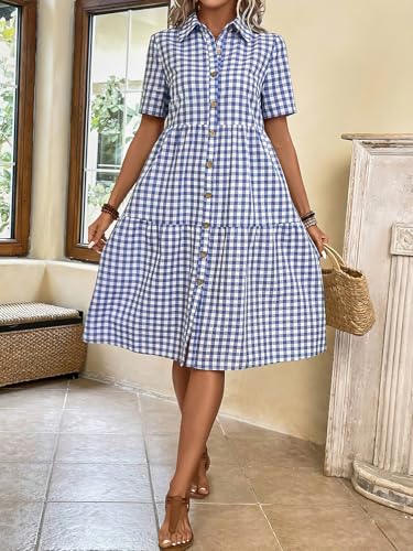 ebossy Women's Retro Plaid Shirt Dress Elegant Lapel Button Up Swing A line Flowy Gingham Mid Tunic Dress3