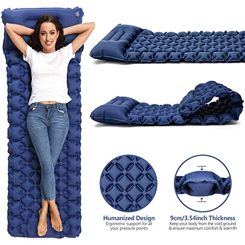 NHOWIN Sleeping Pad, Ultralight Self Inflating Camping Mat Sleeping Pad for Camping with Built-in Foot Pump & Pillow Durable Waterproof Sleeping Mat for Tent, Backpacking, Hiking - Blue