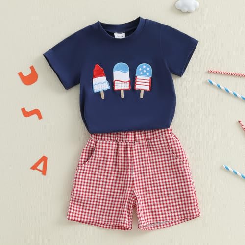 Image of 4th Of July Toddler Boy Outfit Popsicle American Flag T-Shirt and Gingham Plaid Shorts Set Independence Day Clothes