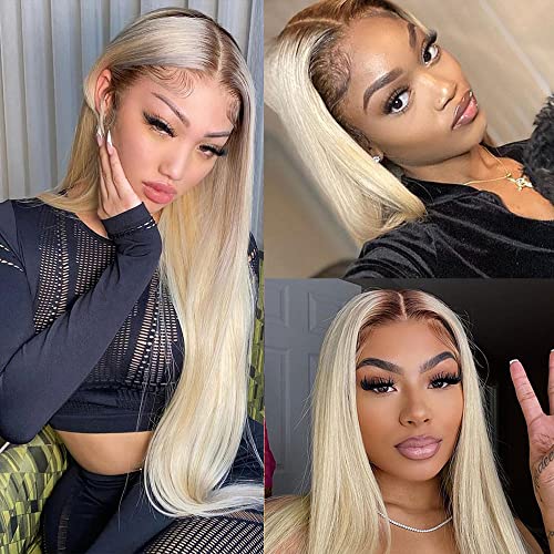 Blonlier 13x4 Ombre Blonde Lace Front Wigs Dark Roots 1B/613 18inch Pre Plucked Straight 100% Brazilian Virgin Human Hair Glueless Closure with Natural Black Bleached Knots for Women 5.6438 Ounce