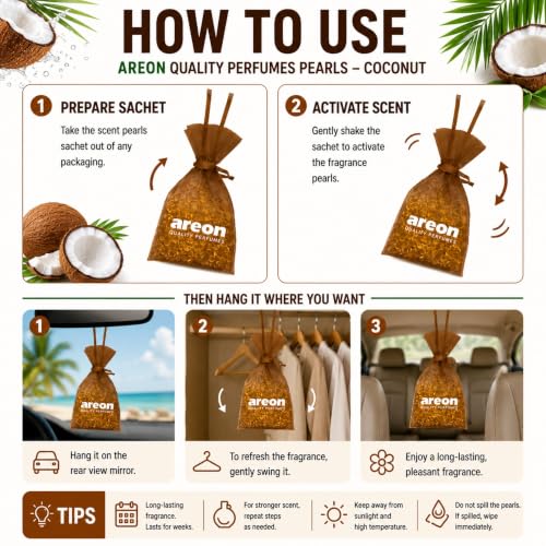 Image of AREON Pearls Coconut Hanging Air Freshener, Quality Perfume Pack of 1