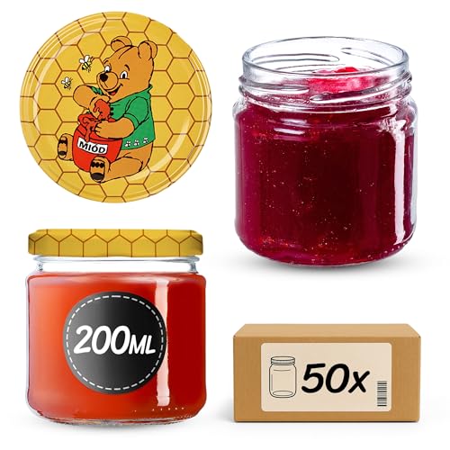 KADAX Set de 50 tarros de 200 ml con tapa de rosca Ø 66 mm: tarros de postre de paredes gruesas, herméticos, aptos para lavavajillas, ideales para mermeladas y conservas.
