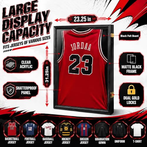 Image of Jinchuan Jersey Frame Display Case Large Frames Shadow Box Lockable with UV Protection for Baseball Basketball Football Soccer Hockey Sport Shirt Black