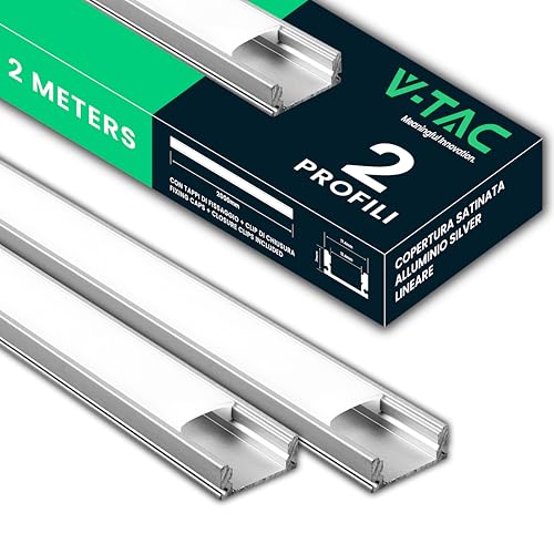 V-TAC 2x Profili per Strisce Led da 2 METRI in Alluminio - (4 Metri Totali) - Profili per Strisce LED con Copertura Opaca - Ingombro massimo Striscia Led 12,4 mm - Dimensioni 17,4 mm x 7 mm