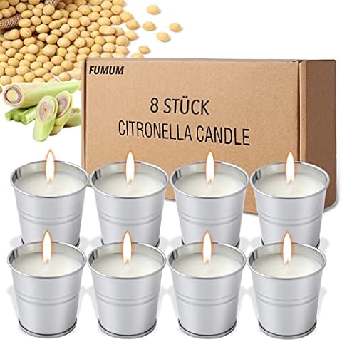 FUMUM Citronella Candle for Outdoor and Indoor Use, Pack of 8, 100% Soy Wax, High-Quality Citronella Scented Candle for Summer, Garden, Camping, Travel, 15 Hours Burning, Stable Fragrance Cover
