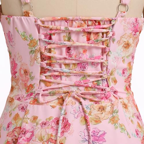 Image of Women Floral Corset Dress 2026 Boho Midi Sundress Summer Dress | Flowy A-Line Dress with Adjustable Spaghetti Straps Lace Up Back Front Slit High Waist for Vacation Wedding Guest