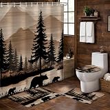 Moyrisou 4PCS Rustic Lodge Cabin Bear Shower Curtains Set, Brown and Black Hunting Forest Woodland Wildlife Bathroom Decor Set with Non-Slip Rugs, Toilet Lid Cover and Bath Mat, 12 Hooks 72X72IN ﻿