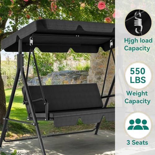 YITAHOME Outdoor Patio Swing Chair, 3 Person Porch Swing with Adjustable Canopy, Removable Cushion,Suitable for Garden, Poolside, Balcony,(Black)