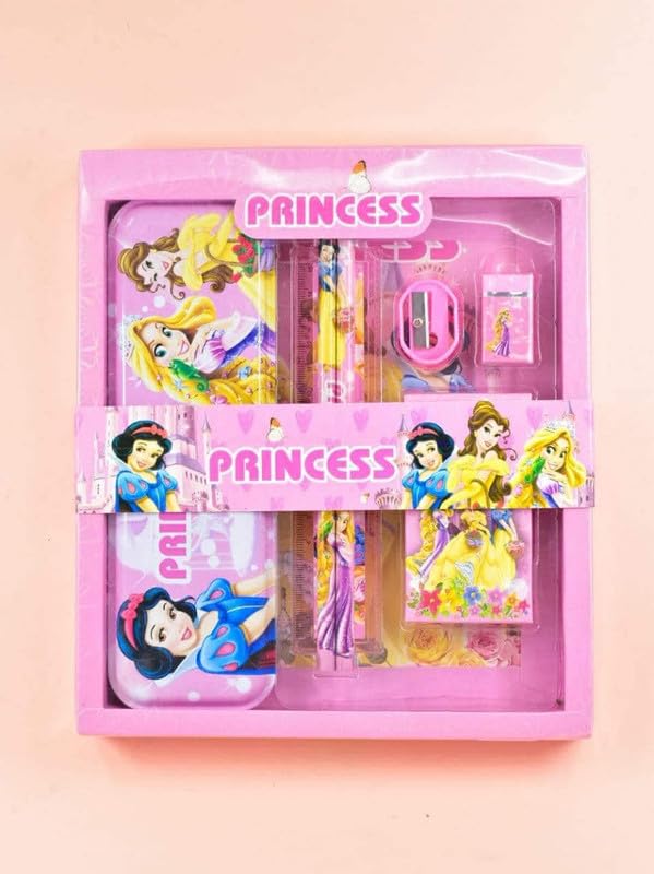 Image of Princess Stationary Kit with 1 Pencil Box Case 2 Pencils 6 Crayon Colors 2 Space Gel Pen 1 Ruler Scale Eraser Sharpener Kit for Kids (Character As Per Available)