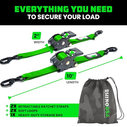 Image of Rhino USA Retractable Ratchet Straps (2-Pack) - 2 Inch x 10 Feet (3,033lb Break Strength) - Heavy Duty Auto Self Retracting Tie Down Straps for Truck, Cargo Trailer, Motorcycle, Rad & More - Green