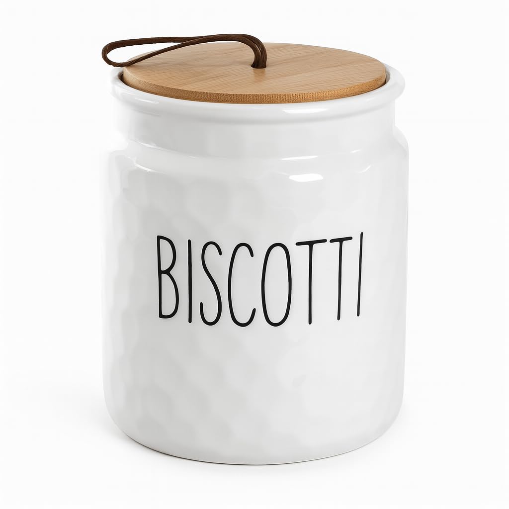Barattolo Biscottiera, Porta Biscotti, Contenitore Cucina, in Ceramica Effetto Martellato, Tappo in Legno