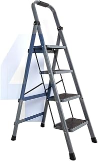 FLYIFE Step Stool Family Iron Ladder, Four-Step Escalators Widened Pedal Design Home Ladder Thickened Iron Household Ladder/Grey/42 X 73 X 137Cm